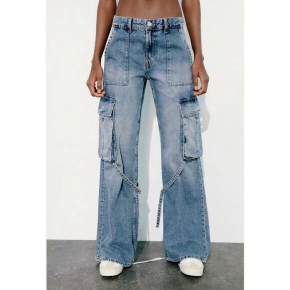 Zara Denim - Zara Mid-Rise Cargo Blue Straight Leg Jeans Women's sz 2